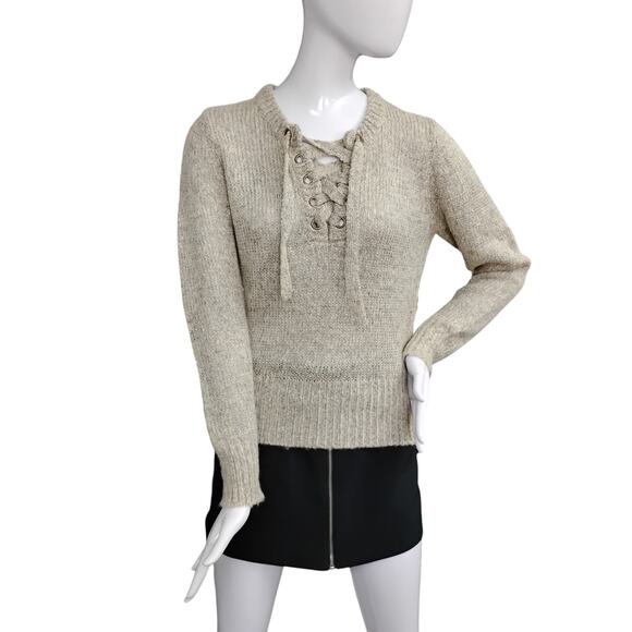 Love Tree Knit Oatmeal Sweater Top Size Small Lace Up V Neck Long Sleeve - Picture 2 of 8